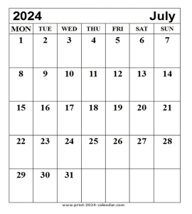 Print July 2024 calendar
