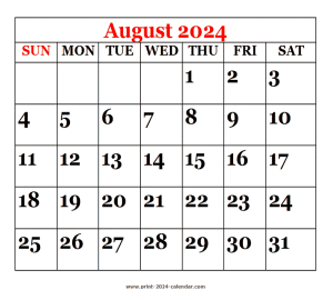 printable 2024 August calendar