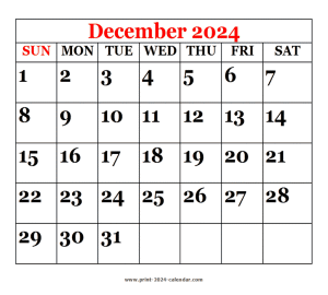 printable 2024 December calendar