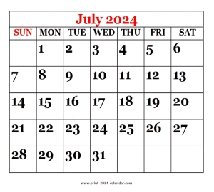 printable 2024 July calendar