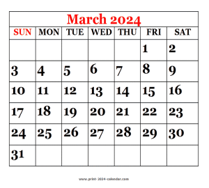 printable 2024 March calendar