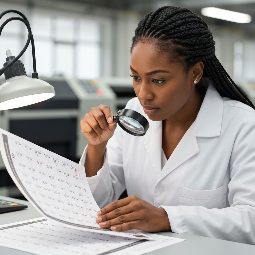 Specjalista kontroli jakości sprawdzający wydrukowane arkusze kalendarza z lupą w profesjonalnej drukarni